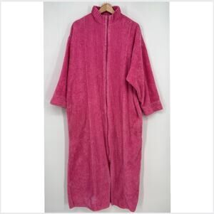 Vtg Herbcraft Chenille Housecoat Robe Fuchsia Pink O/S Zip Dressing Gown FLAW